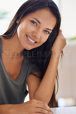 Buy stock photo Portrait, home and relaxing with woman, smile and happiness in a living room with confidence. Face, person and proud girl with comfort and casual with joy and cheerful with long hair and lady