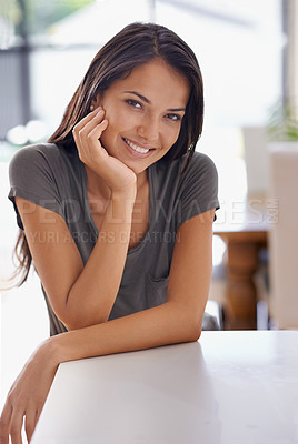 Buy stock photo Woman, portrait and smile in home for relax confidence on weekend in Mexico for vacation, peaceful or kitchen counter. Female person, face and resting getaway or carefree comfort, leisure or wellness