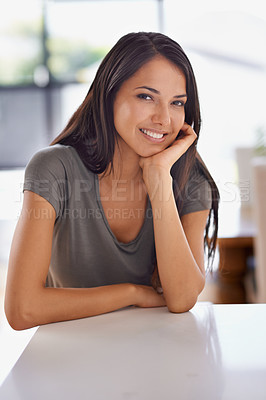 Buy stock photo Woman, portrait and smile in apartment or relax weekend in Mexico or vacation, peaceful or kitchen counter. Female person, face and resting getaway or carefree morning as comfort, leisure or wellness