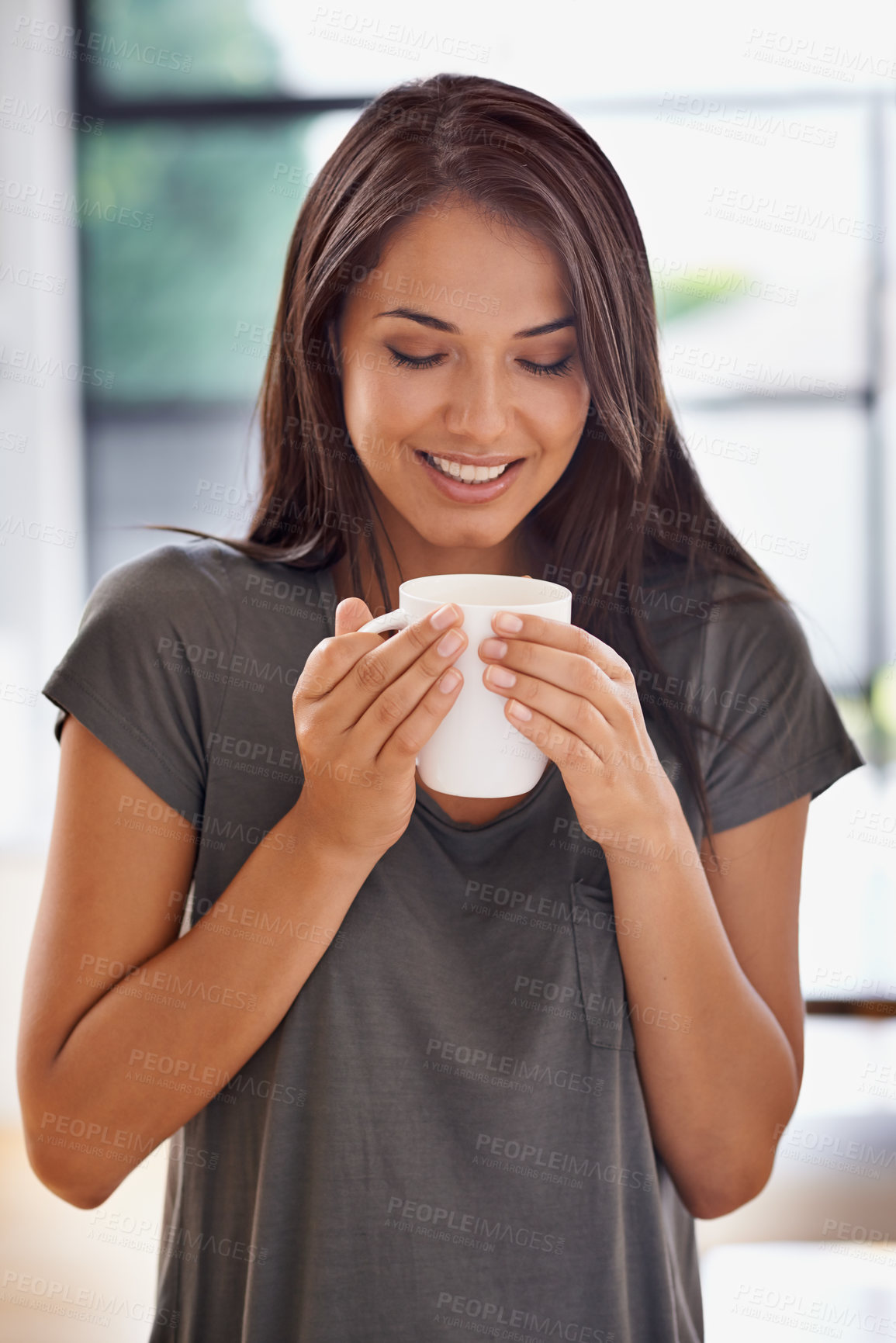 Buy stock photo Woman, coffee and mug with kitchen, smile and morning for home routine. Person, cup and tea with house, beverage and aroma for relax and caffeine or taste cheerful to enjoy break with happiness