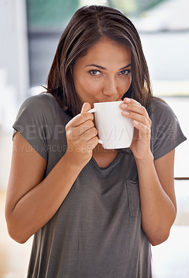 Buy stock photo Woman, coffee and mug with kitchen, drink and morning for home routine. Person, cup and tea with house, beverage and aroma for relax and caffeine or taste portrait to enjoy break with happiness