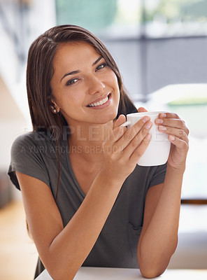 Buy stock photo Portrait, tea and smile with woman in kitchen of home to relax in morning or on weekend time off. Face, girl and mug with happy young person drinking coffee in apartment for peace or wellness