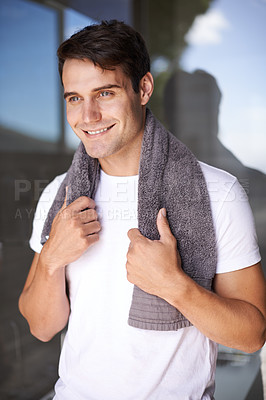 Buy stock photo Happy man, towel and hygiene with satisfaction for grooming or morning freshness by window at home. Handsome, young male person with smile for cleanliness, masculine or health and wellness at house
