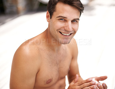 Buy stock photo Skincare, portrait or happy man with sunscreen application outdoor for travel, relax or summer break. Sunblock, face or male person smile for cream, lotion or body care and spf  sunbathing cosmetics
