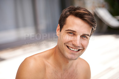 Buy stock photo Happy, body and portrait of man in a backyard for sunbathing, relax or fresh air on summer vacation. Travel, face and male person at a resort for wellness, holiday or outdoor for tanning and chilling