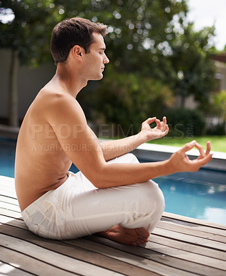 Buy stock photo Lotus hands, man and poolside meditation for peace, healing or mental health wellness. Sunshine, zen or male person on a deck with spiritual, balance or breathing, exercise and holistic stress relief
