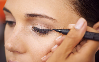 Buy stock photo Woman, makeup and eyeliner with mascara for beauty, cosmetics or art at salon or spa. Closeup of female person or stylist applying pencil shadow, contour or color for facial eye treatment or glamour