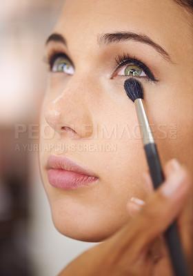 Buy stock photo Woman, makeup and cosmetics with brush for beauty, facial treatment or eye shadow at home. Closeup of female person, face or model applying foundation, contour or glow for skincare, color or glamour