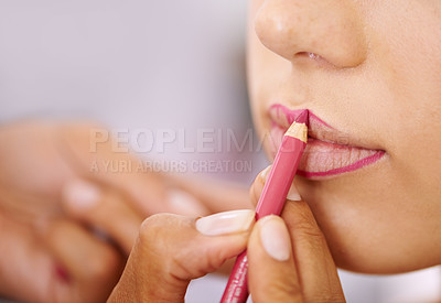 Buy stock photo Lips, makeup pencil and woman getting ready closeup in bathroom of home for mouth cosmetics. Aesthetic, product or cosmetology and person closeup in apartment to apply lipstick with lip liner
