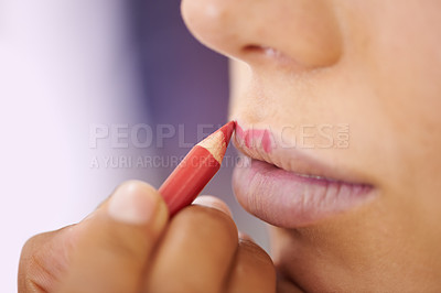 Buy stock photo Closeup, woman and lip liner makeup for beauty with hands, application and outline of cosmetics product. Person, mouth and color pencil for skincare, aesthetic makeover and cosmetology at salon