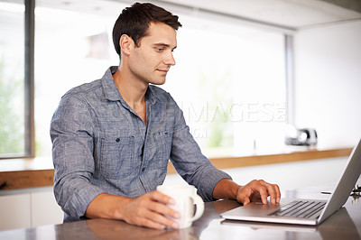 Buy stock photo Home, coffee or man on laptop for research, article post or networking in a house for remote work. Email, drinking tea or person on typing online on technology for digital blog or news on website