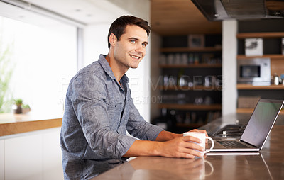 Buy stock photo Home, coffee or man on laptop thinking of research, article post ideas or networking for remote work. Email, drinking tea or person on typing online on technology for digital blog or news on website