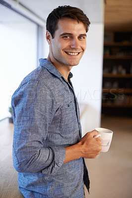 Buy stock photo Portrait, man and hot drink for casual, fashion and aesthetic in stylish outfit in home on weekend. Male entrepreneur, smile and coffee to relax in confident, trendy and clothes for carefree break