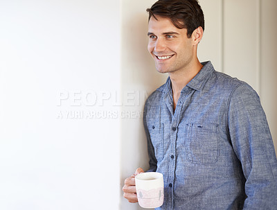 Buy stock photo Man, smile or coffee as thinking, planning or imagine of vision, idea or solution for small business. Confident, male entrepreneur or hot drink to contemplate, wonder and daydream in carefree break