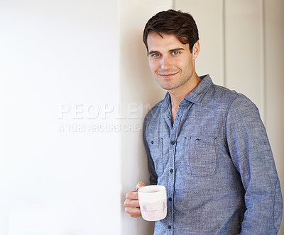 Buy stock photo Portrait, man or coffee in casual, fashion or aesthetic in stylish outfit in home on weekend. Male person, smile and hot drink to relax in confident, trendy or clothes for carefree, break and me time