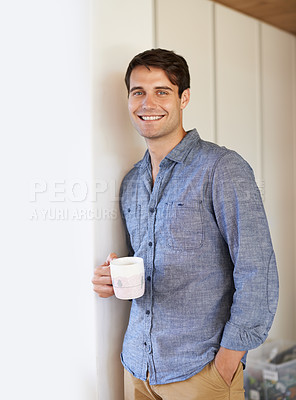 Buy stock photo Portrait, man and coffee for casual, fashion and aesthetic in stylish outfit in home on weekend. Male entrepreneur, smile and hot drink to relax in confident, trendy and clothes for carefree break