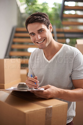 Buy stock photo Man, boxes and portrait with clipboard for moving, delivery and documents for logistics, smile and invoice. Person, cardboard and package with paperwork for service, signature and stock in new house