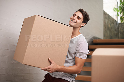 Buy stock photo Man, moving boxes and new home by stairs with smile, fresh start and investment in real estate. Person, cardboard and package on steps in apartment, house and happy for rent, mortgage and property 