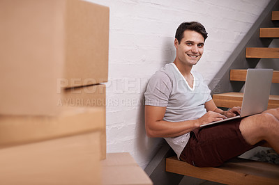 Buy stock photo Portrait, boxes and man with laptop in home for property investment, real estate or mortgage of new apartment. Homeowner, computer and face of happy male person for relocation, growth or renovation