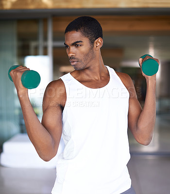 Buy stock photo Black man, dumbbell and workout with exercise for bodybuilding, training and fitness. African person, lifting weights and idea or vision with equipment for endurance, wellness and muscle strength