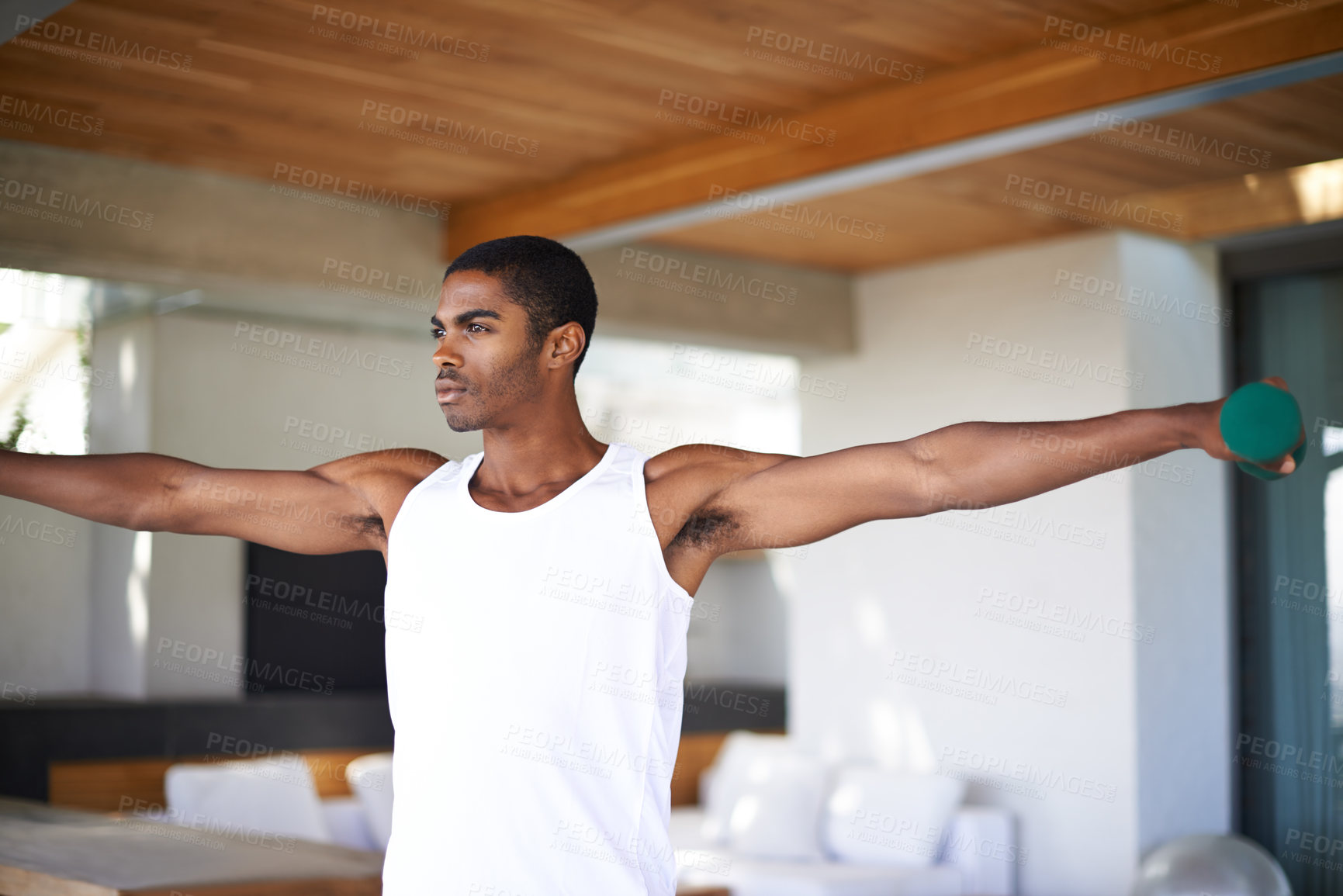 Buy stock photo Fitness, yoga and black man in home with weights for wellness, strength and balance for healthy body. Training, pilates and person with equipment for stretching, workout and exercise in living room