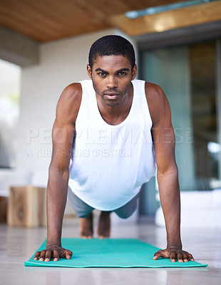 Buy stock photo Fitness, portrait and black man do yoga on floor for wellness, flexibility and balance for healthy body. Training, pilates and person on sports mat for stretching, workout and exercise in living room