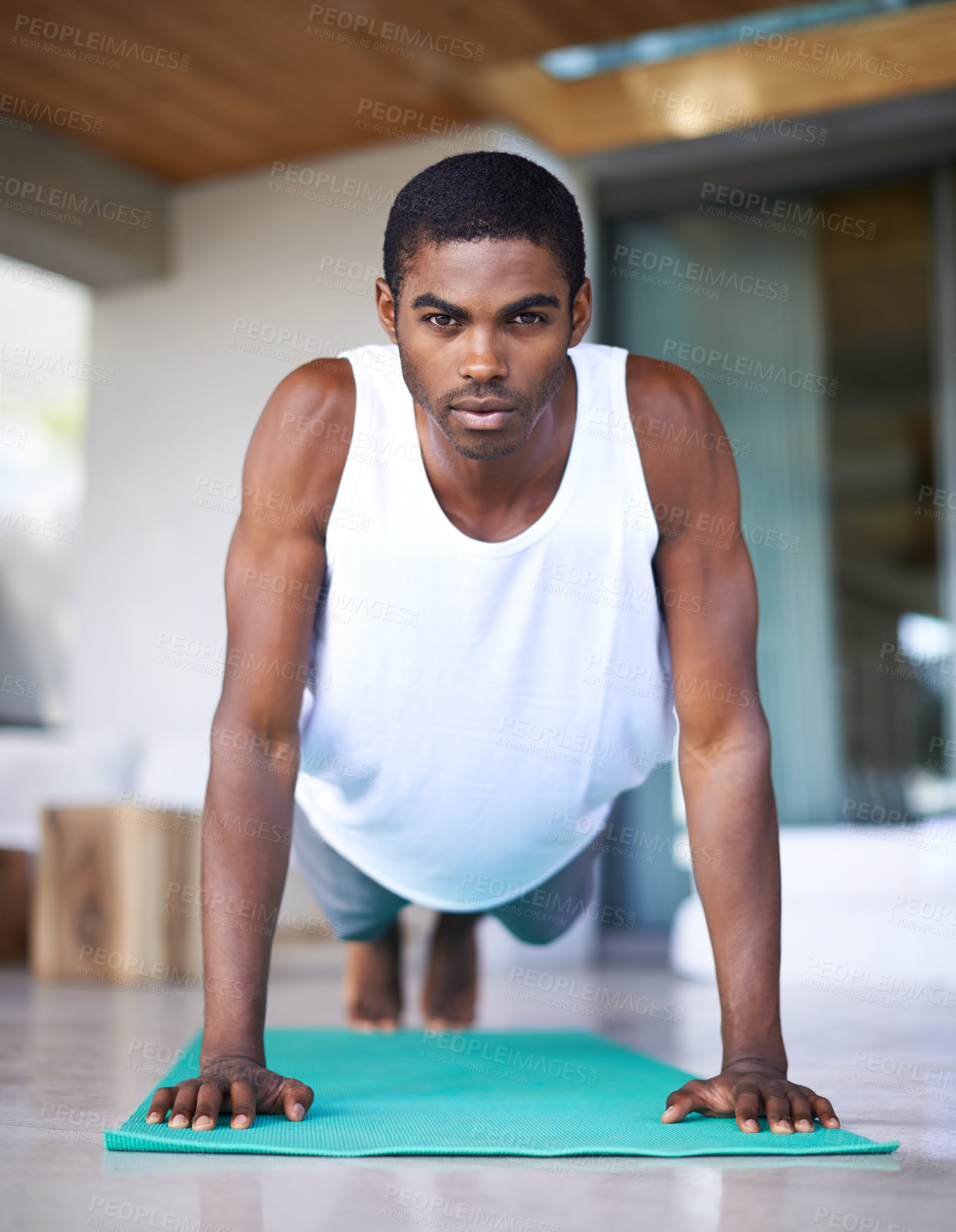 Buy stock photo Fitness, portrait and black man do yoga on floor for wellness, flexibility and balance for healthy body. Training, pilates and person on sports mat for stretching, workout and exercise in living room