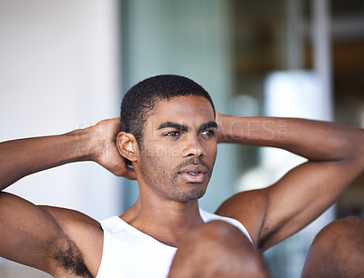 Buy stock photo Black man, exercise and cardio workout with sit ups for fitness, training and core strength at home. African person, wellness and gym routine with performance for muscle, technique and healthy body