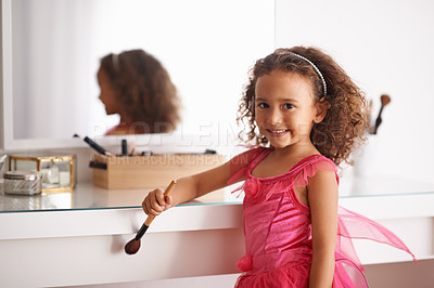 Buy stock photo Child, portrait and mirror with makeup for costume, ballet or performance with cosmetics or brush. Girl, smile and reflection of a happy kid in with a princess dress or outfit in the home or house