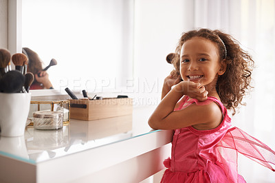 Buy stock photo Child, mirror and portrait with makeup in bedroom for cosmetics on skin for princess and beauty on mockup for childhood. Girl, kid or tween with smile and brush in hand for  happiness and children