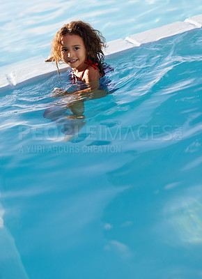 Buy stock photo Child, girl and water with face, swimwear and blue summer sky for relax and smile. Kid, pool and sunshine with happiness, outdoor and play with curly hair and fun for sunny positivity and childhood
