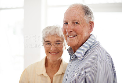 Buy stock photo Couple, senior and happy in portrait on weekend, home and relax together for bonding and love. Elderly people, together and care in marriage or relationship in retirement, trust and security in house