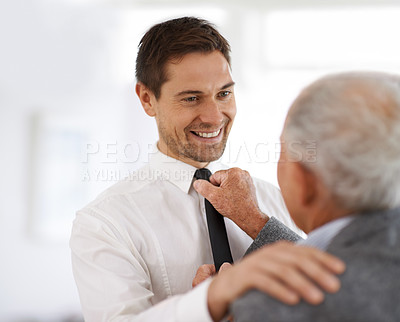 Buy stock photo Old person, man and help with tie for wedding event with happiness for retirement bonding, smiling or parent. Elderly adult, son and comfort on special day for family connection, pride or confidence