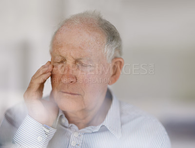 Buy stock photo Old man, pain and headache stress in retirement with burnout fatigue for migraine pressure, worry or mental health. Elderly, person and hand for temple distress with anxiety, frustrated or unhappy