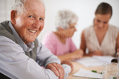Buy stock photo Senior, man and happiness portrait in home with financial advisor for retirement planning or life insurance by table. Elderly, people and face with consultant for title deed and pension agreement