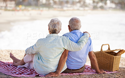 Buy stock photo Elderly, couple and relax beach for picnic together for summer bonding or travel connection, outdoor or view. Old woman, man and back for vacation holiday at ocean in Hawaii for rest, peace or fun