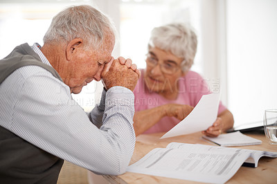 Buy stock photo Old couple, stress and document for insurance in home for retirement planning for financial budget, problem or investment. Elderly man, woman and unhappy with paperwork for saving, debt or crisis
