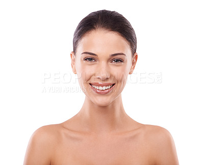 Buy stock photo Face, natural beauty and happy woman in headshot, skincare and cosmetics with clean makeup on white background. Portrait, facial and dermatology with wellness, smooth skin and healthy glow in studio