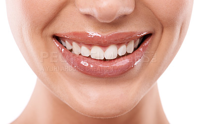 Buy stock photo Closeup, lips and teeth with woman for beauty, makeup with gloss or oil for hydration and dental health in studio. Lip care, cosmetics and orthodontics, moisturizing and mouth on white background