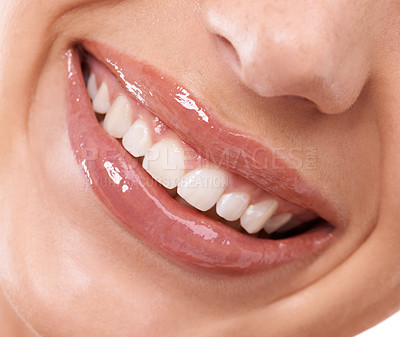 Buy stock photo Closeup, studio and mouth of woman for teeth whitening and happy for cosmetic dental hygiene or orthodontics. Model, smile and grooming with dentist results, implant and invisible braces or veneers