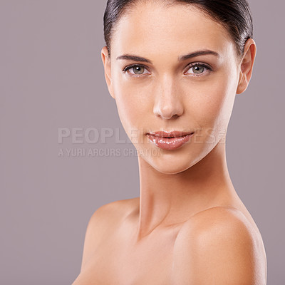 Buy stock photo Portrait, woman and glow for makeup, beauty and skincare on mockup studio on grey background. Confident, female person and cosmectics for dermatology, flawless skin and healthy natural aesthetic