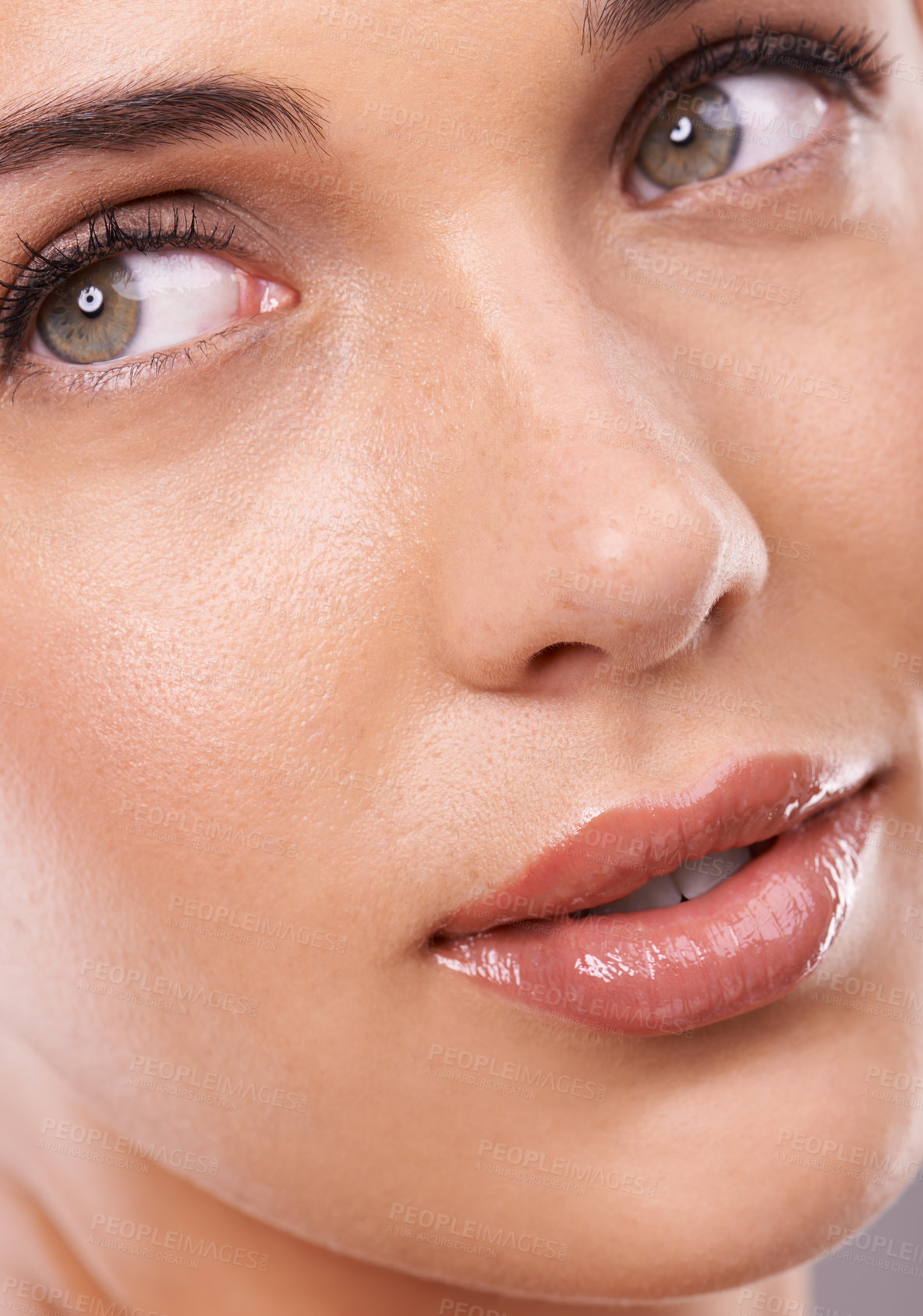Buy stock photo Beauty, thinking and face of woman in studio for wellness, skincare and facial treatment. Luxury salon, dermatology and closeup of person with natural skin, cosmetics and spa aesthetic on background