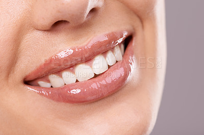 Buy stock photo Teeth, dental and woman with smile in studio, health and wellness with oral hygiene on grey background. Orthodontics, fresh breathe and whitening for veneers, happy model with glow and self care
