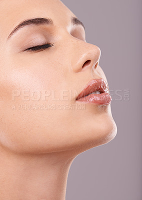 Buy stock photo Closeup, woman or glow of makeup for beauty, microblading or cosmetology in spa, facial or treatment. Female person, lip gloss or flawless skin as dermatology or skincare in studio on grey background