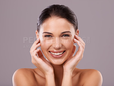 Buy stock photo Portrait, shine and woman with dermatology, glow and skincare on grey studio background. Face, person or model with beauty and cosmetics with wellness or healthy skin with facial, luxury or aesthetic