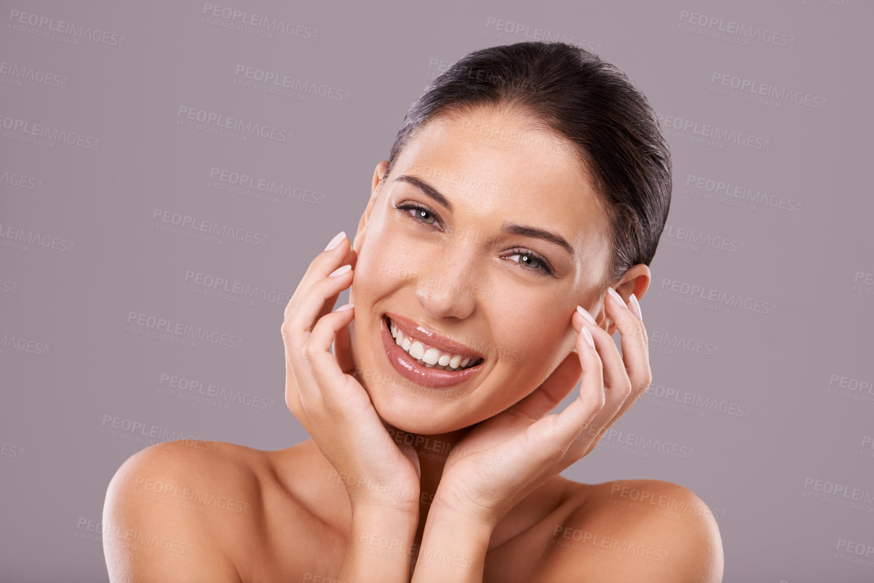 Buy stock photo Portrait, smile and woman with skincare, cosmetics and dermatology on grey studio background. Face, person and model with glow or beauty with wellness or healthy skin with luxury, happy or aesthetic