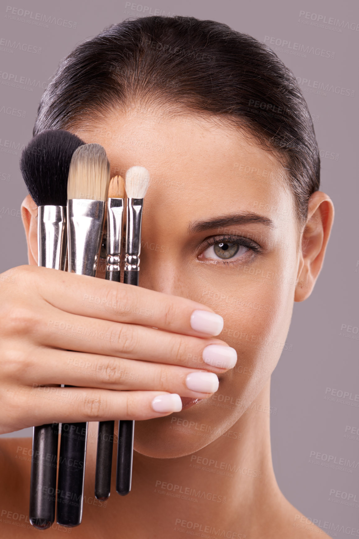 Buy stock photo Make up brush, woman or beauty tools in portrait, studio or facial by gray background. Model, cosmetology or face in salon aesthetic for foundation or highlight, contour or application of cosmetics