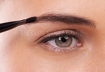 Buy stock photo Closeup, eye and eyebrow with woman and makeup, brush for cosmetic care and skin with lashes for beauty. Cosmetology, tools or product with salon styling, transformation for makeover and treatment