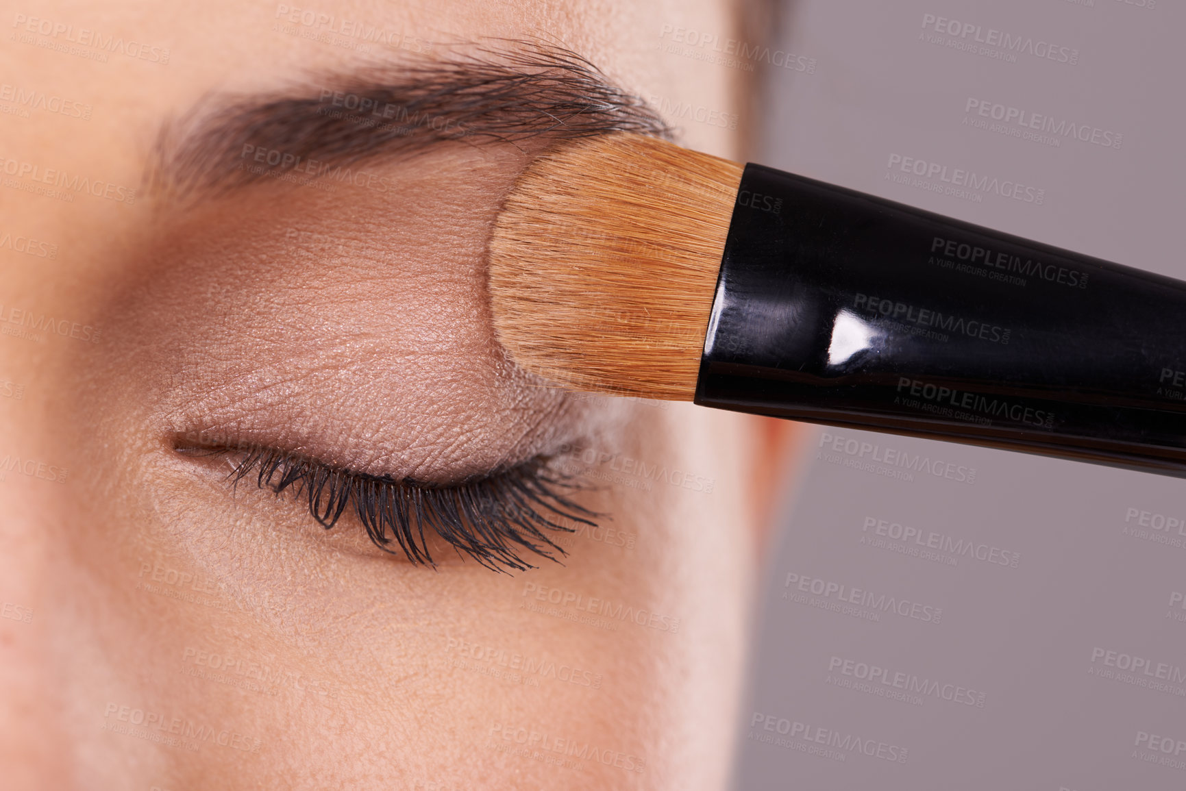 Buy stock photo Closeup, eyelash and brush for eyeshadow with woman, makeup and beauty with application on purple background. Cosmetology, transformation and cosmetic care with tools, powder product and shine