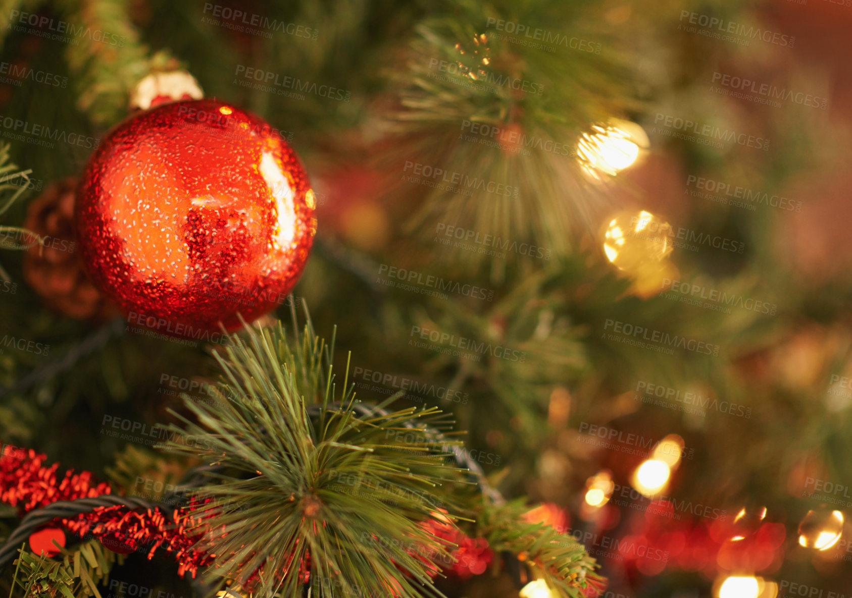 Buy stock photo Closeup shot of christmas ornaments on the tree